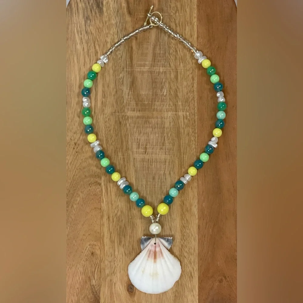 Seashell beaded pearl beach necklace nantucket yellow blue surfer girl toggle‎